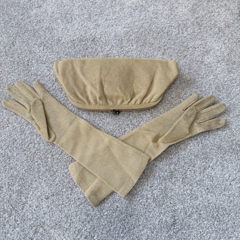 Vintage gold sparkle clutch purse and matching opera length gloves